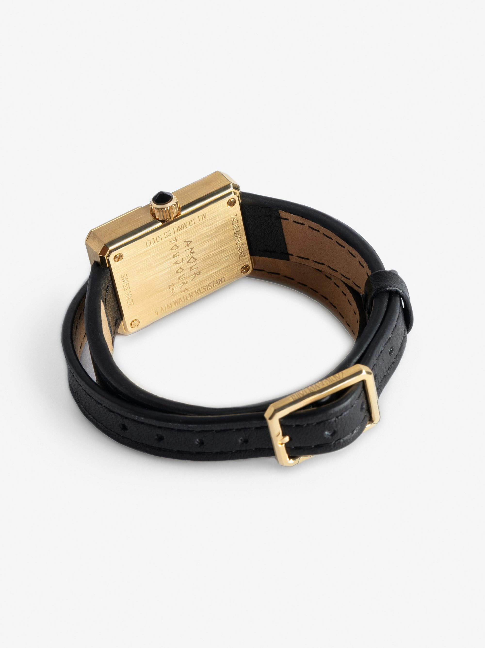 Cecilia Watch - Women’s rectangular diamanté dial gold-tone watch with double wrap leather strap.